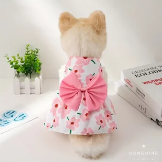 Elegant Cherry Blossom Pink and White Floral Dog Dress with Large Pink Bow - bark-with-buster