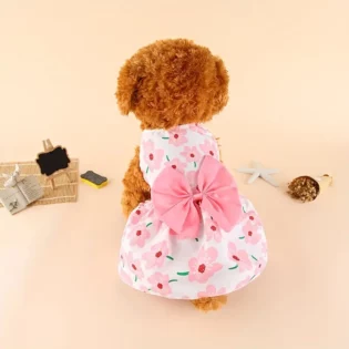 Elegant Cherry Blossom Pink and White Floral Dog Dress with Large Pink Bow - bark-with-buster Cavoodle